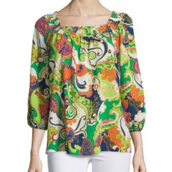 Trina Turk Off Shoulder Silk Blend Small Top Tassel Paisley boho maximalist - Picture 1 of 13
